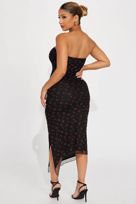 Amelia Cherry Print Mesh Midi Dress - Black/Red