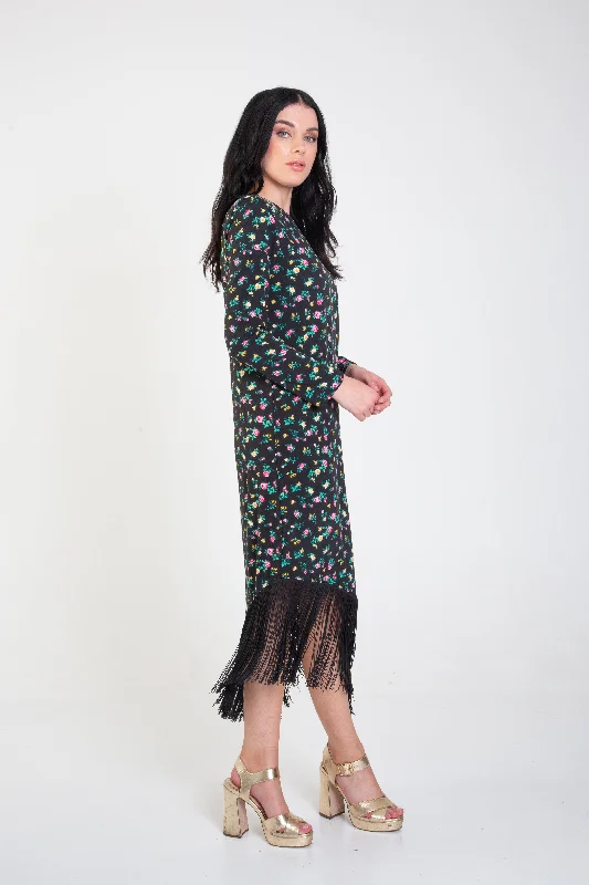 Black Fringe Hem Printed Dress