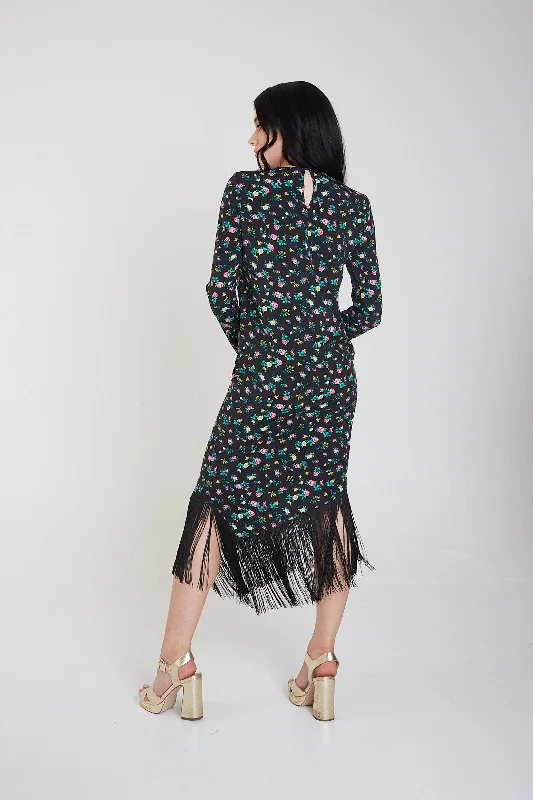 Black Fringe Hem Printed Dress