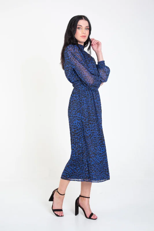 Blue Animal Print Shirred High Neck Midi Dress