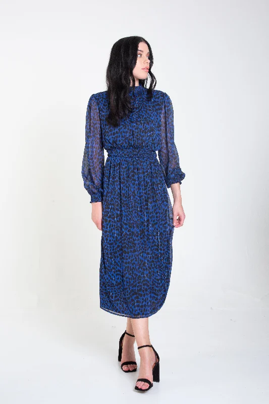 Blue Animal Print Shirred High Neck Midi Dress