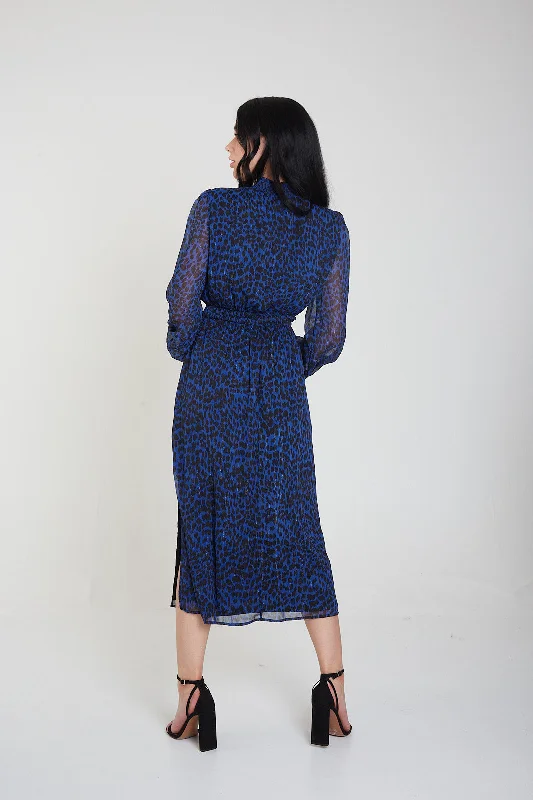 Blue Animal Print Shirred High Neck Midi Dress