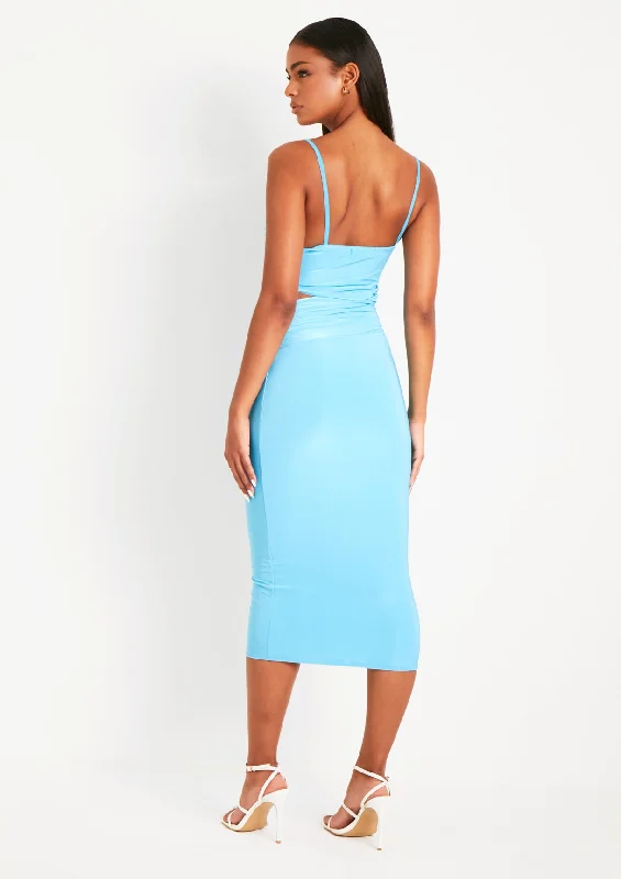 Corinne Baby Blue Gathered Cut Out Midi Dress