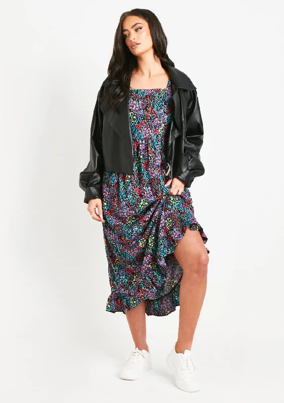 Fiona Black Floral Multi Printed Midi Dress