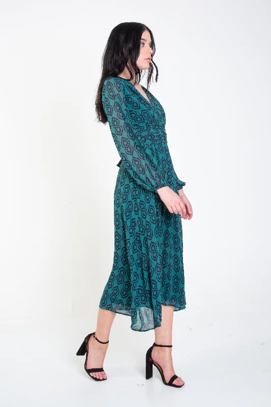 Green Full Sleeve Tie Back Midi Dress