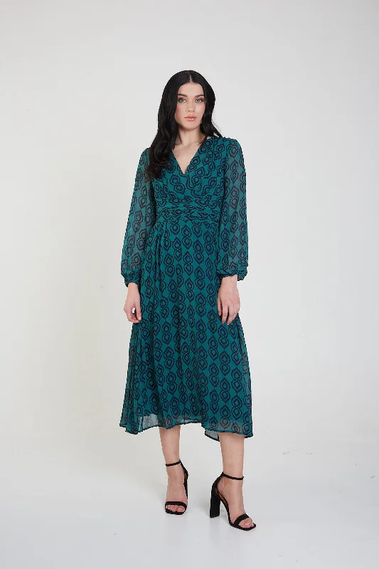 Green Full Sleeve Tie Back Midi Dress