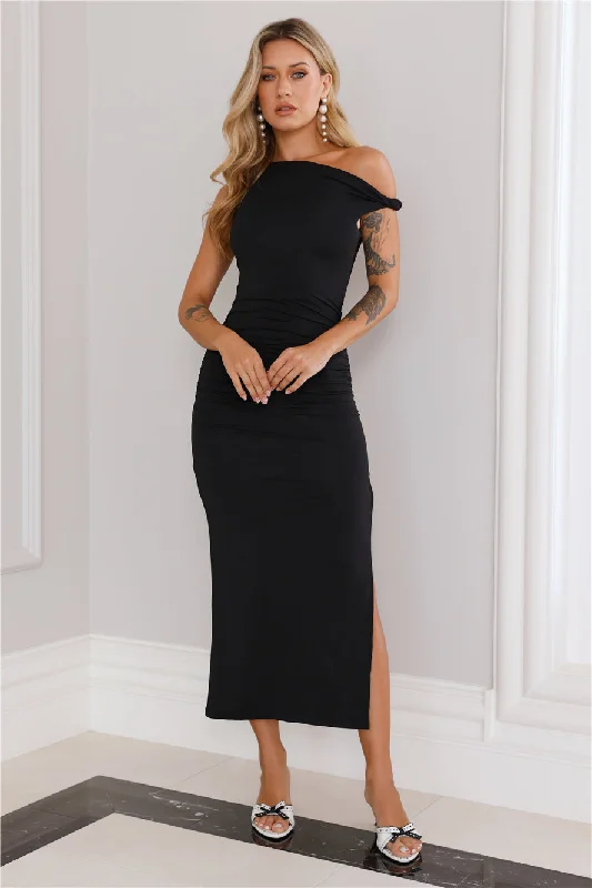 High Society Off Shoulder Midi Dress Black