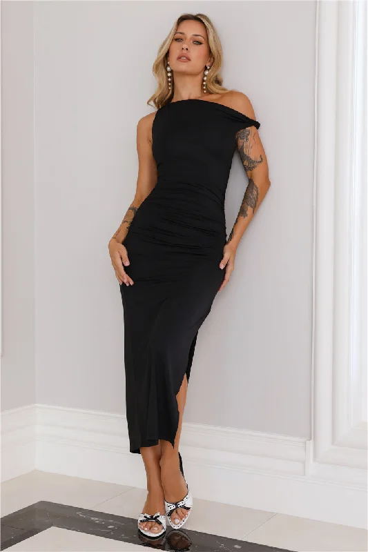 High Society Off Shoulder Midi Dress Black