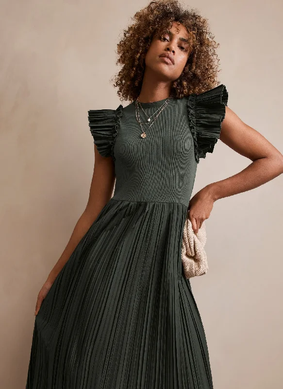 Khaki Jersey Crinkle Midi Dress