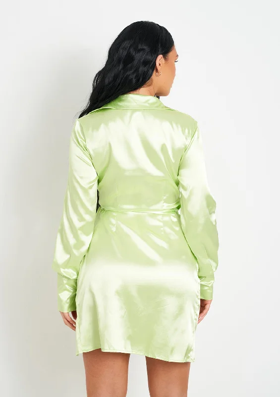 Mira Lime Satin Tie Waist Wrap Plunge Midi Dress