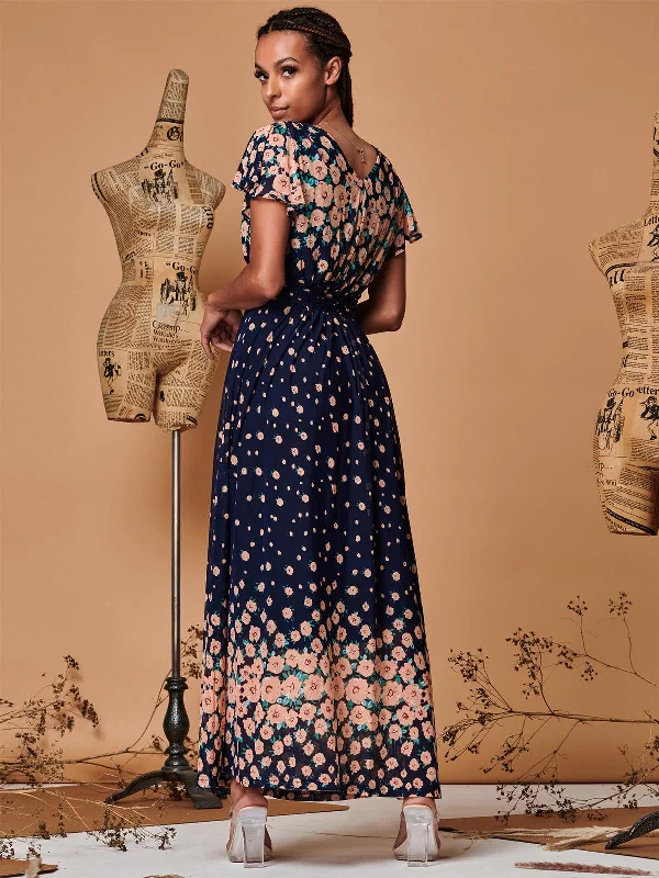 Mirrored Floral Print Mesh Maxi Dress, Navy Multi