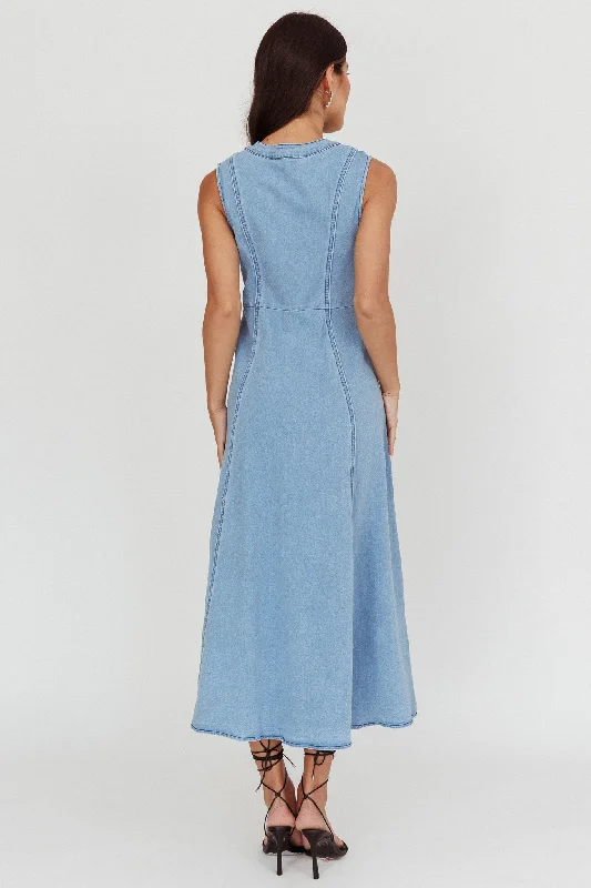 Passionate Flame Sleeveless A-line Midi Dress Denim Blue