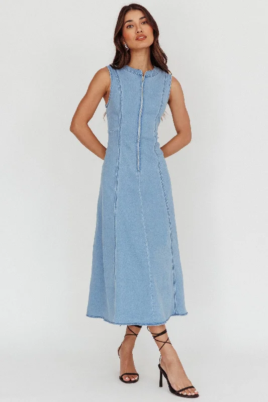 Passionate Flame Sleeveless A-line Midi Dress Denim Blue