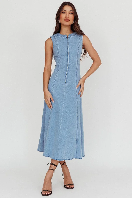 Passionate Flame Sleeveless A-line Midi Dress Denim Blue