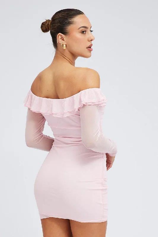 Pink Mini Dress Long Sleeve Off Shoulder Frill Mesh