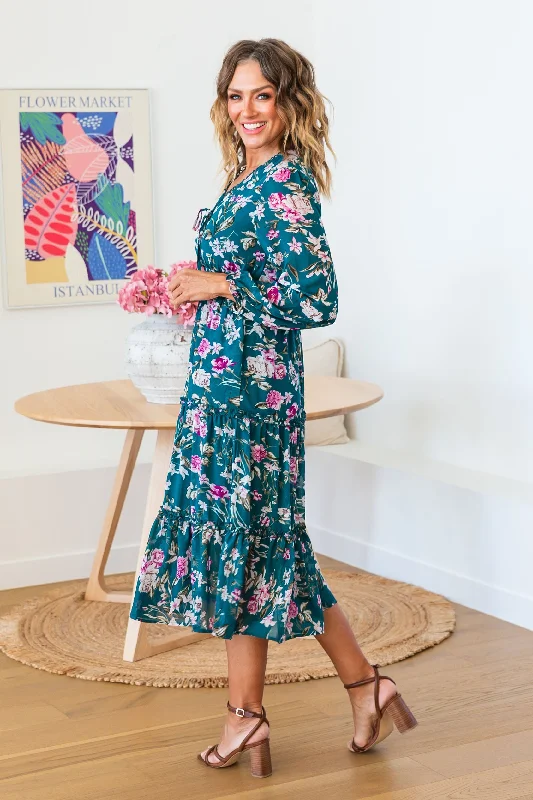 Yasmin Teal Floral Midi Dress