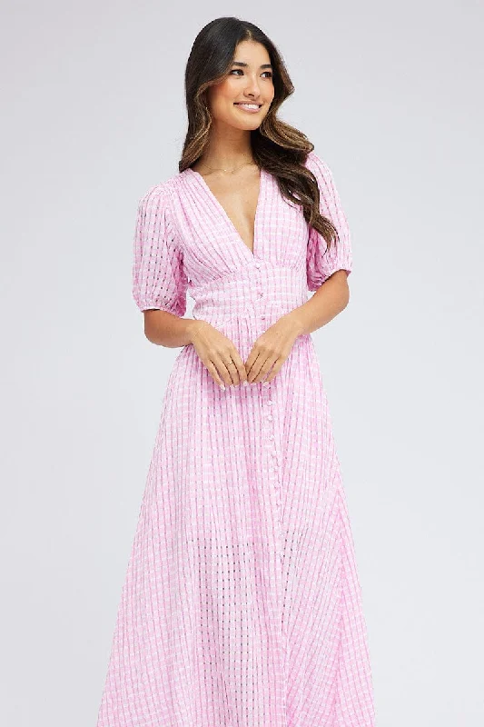 Purple Check Midi Dress Puff Sleeve