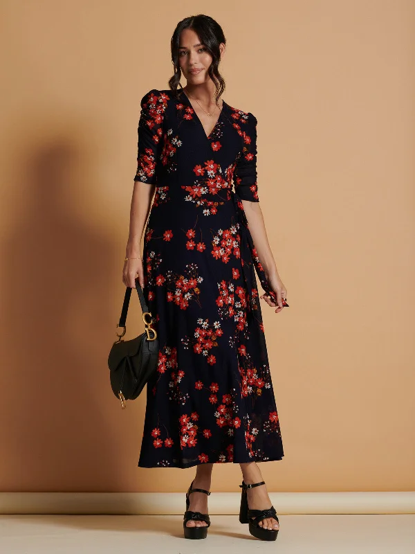 Qaliyah Wrap Front Mesh Maxi Dress, Navy Orange Floral