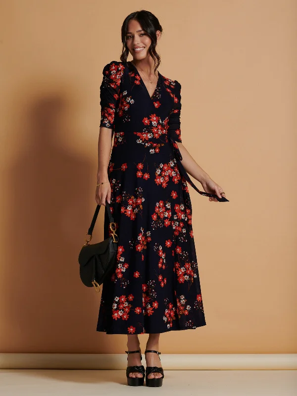 Qaliyah Wrap Front Mesh Maxi Dress, Navy Orange Floral