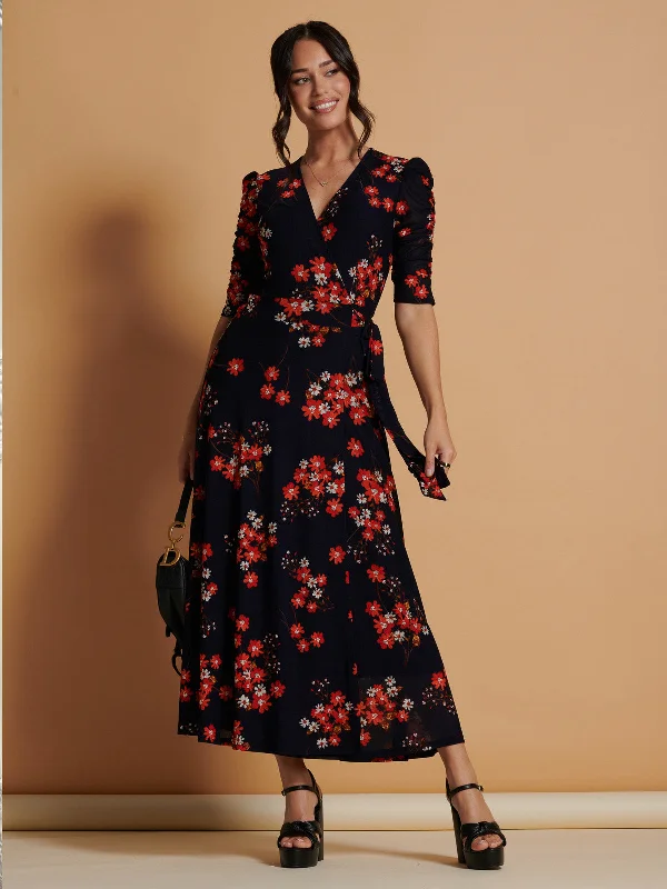 Qaliyah Wrap Front Mesh Maxi Dress, Navy Orange Floral