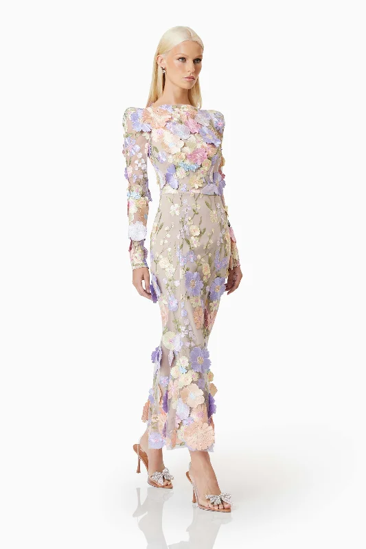 Shannon 3D Floral Midi Dress In Purple