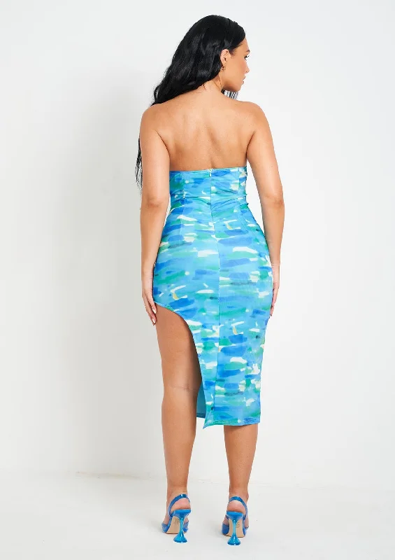 Shelby Blue Printed Cut Out Slit Mesh Midi Dress