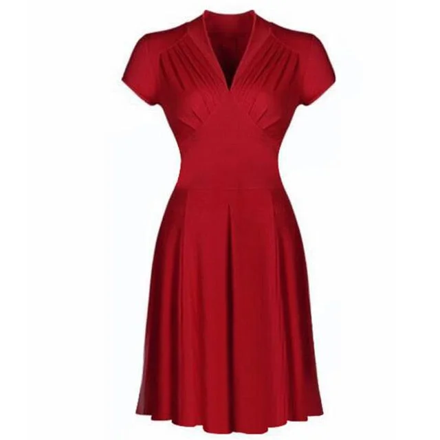 BerriesJam - 2024 Solid Color Retro V Neck Short Tunic Midi Party Dress