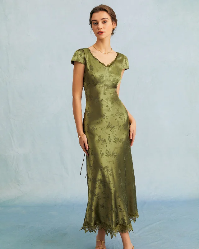 The Green Jacquard Cap Sleeve Satin Midi Dress