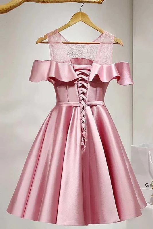 A-Line Knee-Length Cold Shoulder Pink Satin Homecoming Dress With Lace  PD121