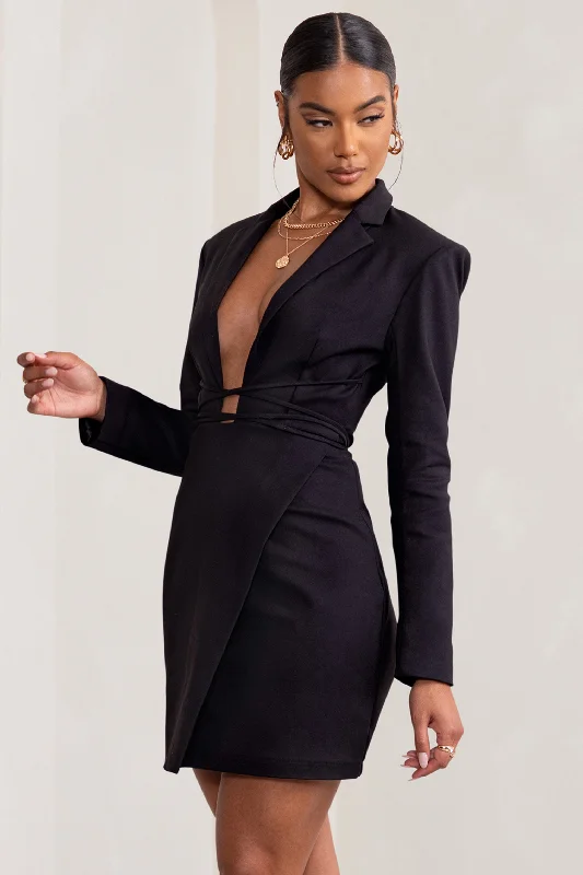 Alexandra | Black Plunge Neck Strap Detail Blazer Mini Dress