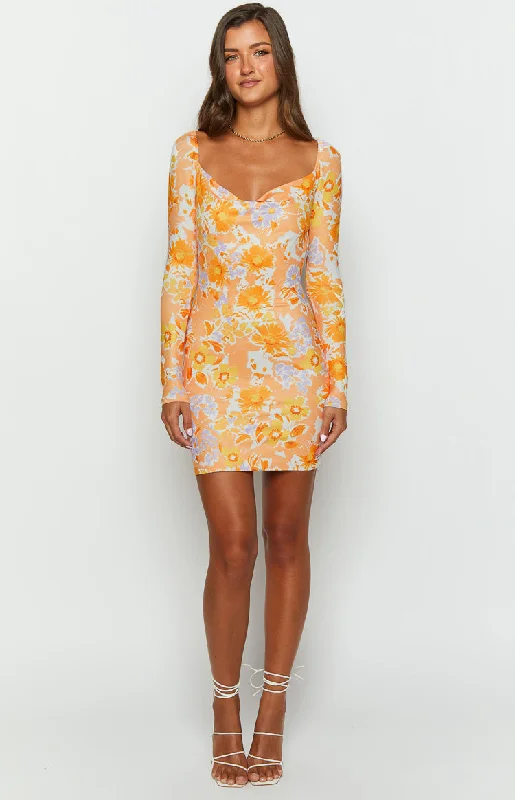 Ashi Orange Floral Long Sleeve Mini Dress