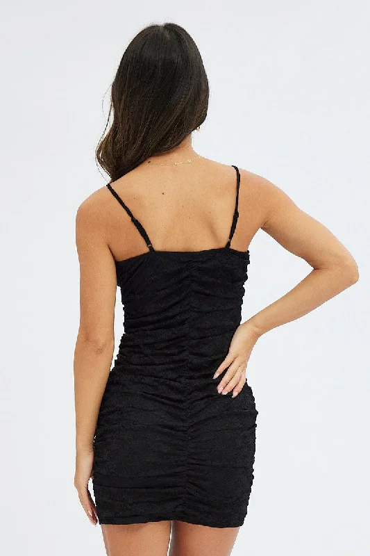 Black Bodycon Dress Sleeveless Ruched Mini Lace