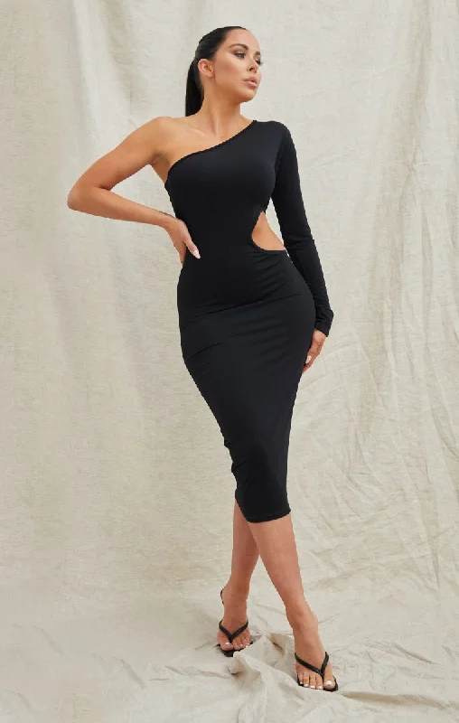 Black One Shoulder Long Sleeve Cut Out Side Bodycon Midi Dress - Nisha