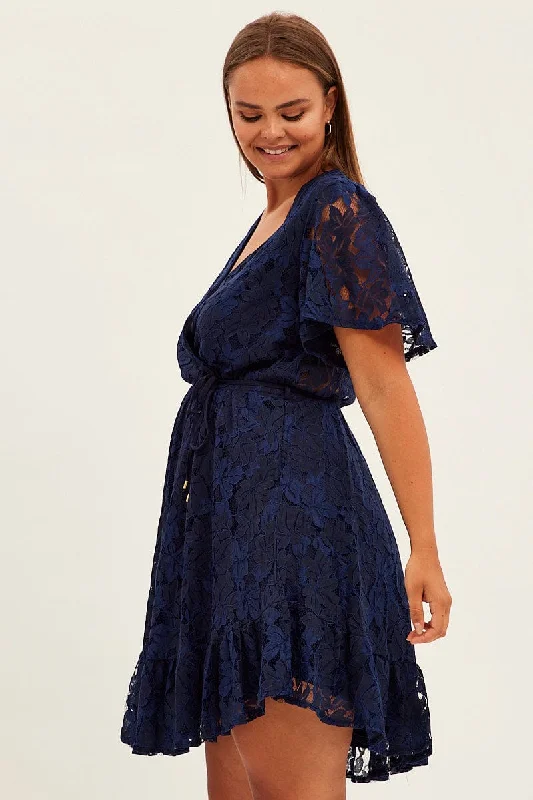 Blue Fit And Flare Dress Short Sleeve Wrap Lace