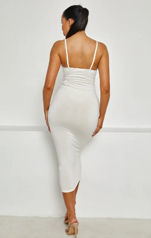 Cream Plunge Knot Detail Cut Out Strappy Bodycon Midi Dress - Arrietty