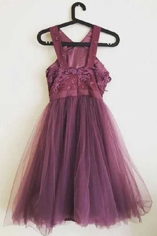 Cute A-line  Applique Tulle  Purple Homecoming Dresses PD300