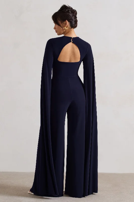 Emmanuela | Navy Plunge-Neck Wide-Leg Jumpsuit With Cape Sleeves