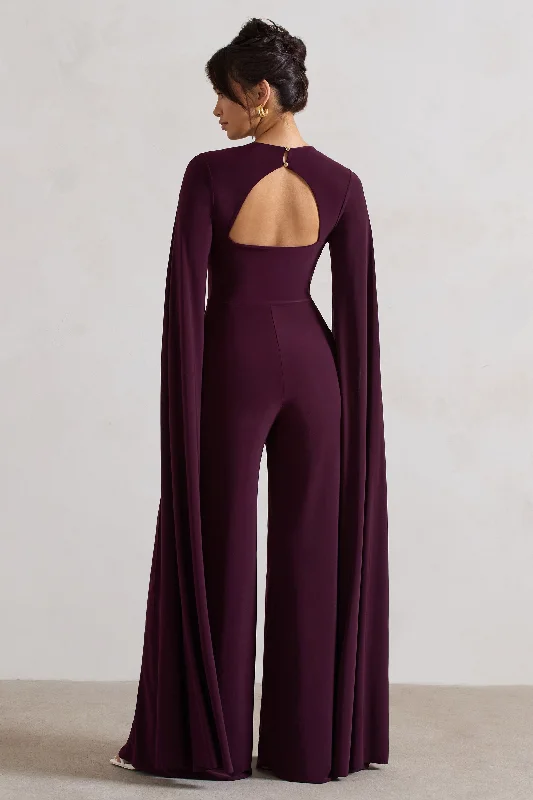 Emmanuela | Plum Plunge-Neck Wide-Leg Jumpsuit With Cape Sleeves