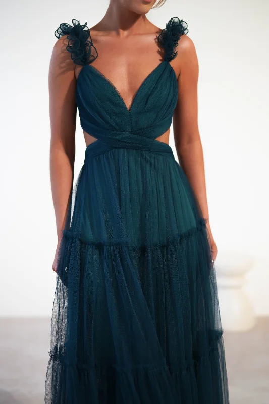 Galiena Ruffle Tulle Maxi Dress | Teal