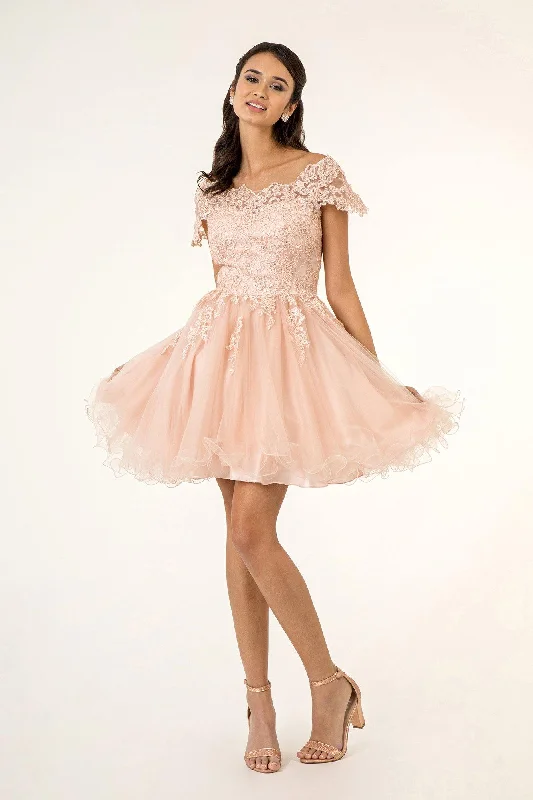 Homecoming Short Cap Sleeve Embroidered Prom Dress