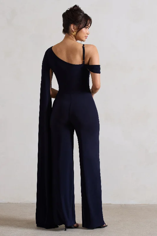 Jelena | Navy Asymmetric Draped Straight-Leg Jumpsuit With Cape Sleeve