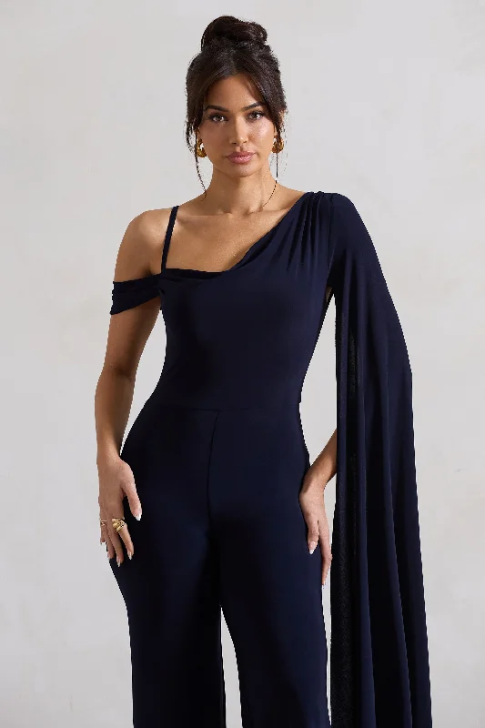 Jelena | Navy Asymmetric Draped Straight-Leg Jumpsuit With Cape Sleeve