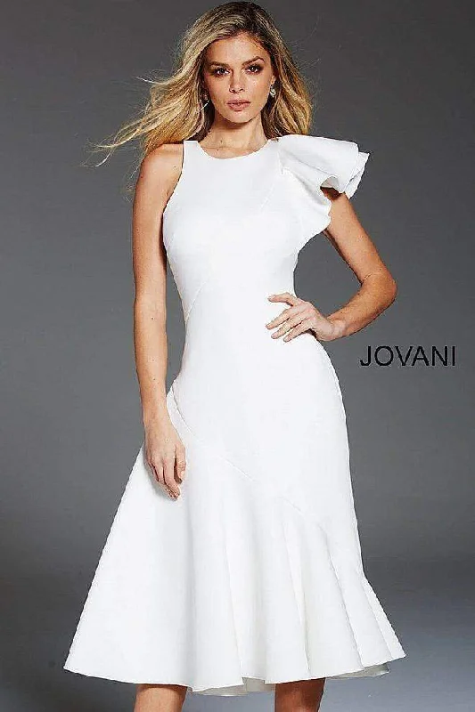 Jovani - 52252 Ruffled Shoulder Short Formal Scuba Dress