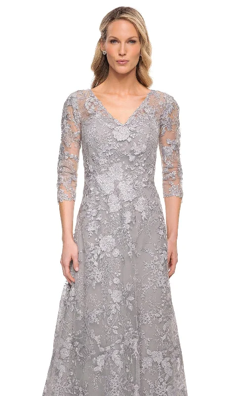 La Femme 29989 - Embroidered Sheer Lace Mother of the Groom V-Neck Gown