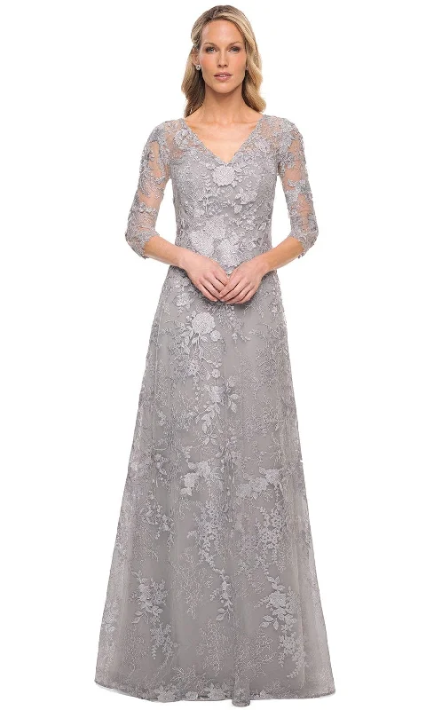 La Femme 29989 - Embroidered Sheer Lace Mother of the Groom V-Neck Gown