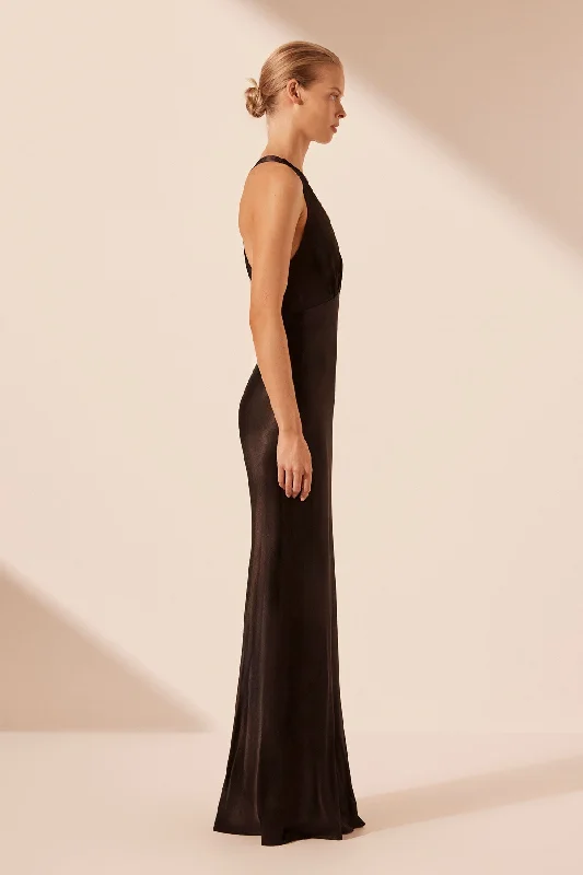 LA LUNE PLUNGED CROSS BACK MAXI DRESS - BLACK