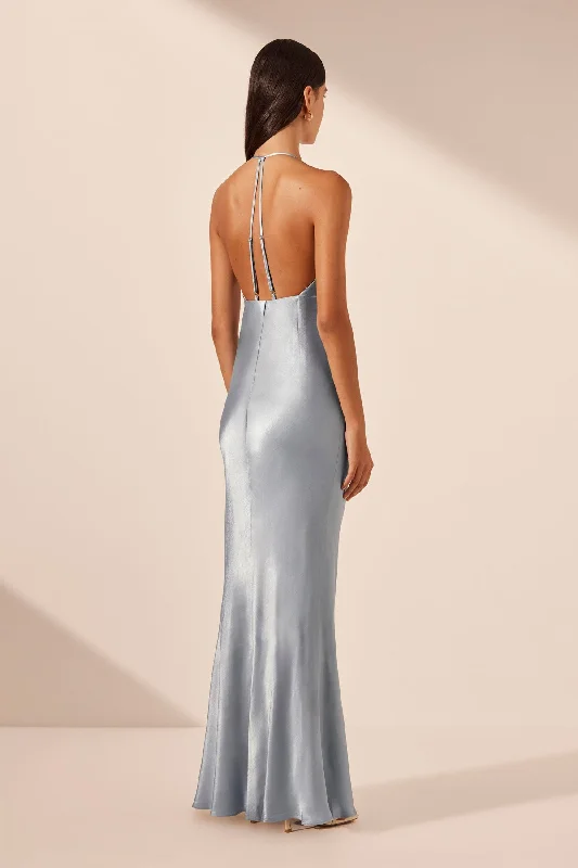 LA LUNE PLUNGED OPEN BACK HALTER MAXI DRESS - POWDER BLUE