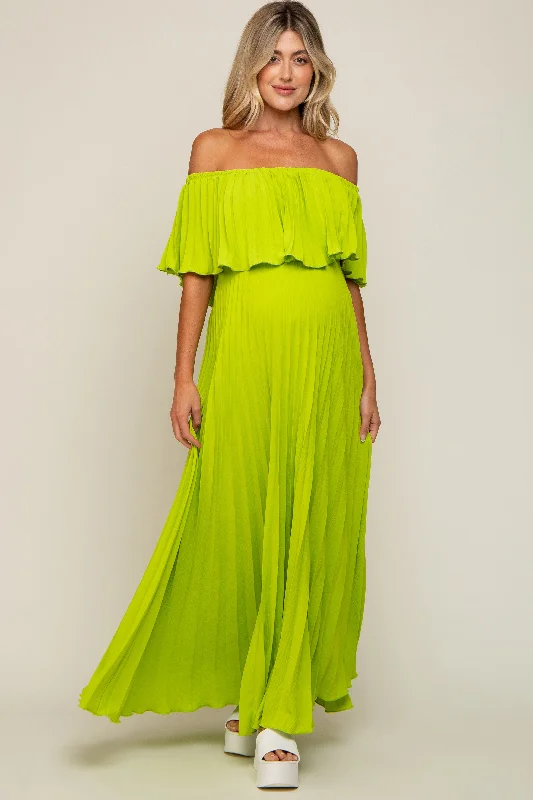 Lime Pleated Off Shoulder Maternity Maxi Dress