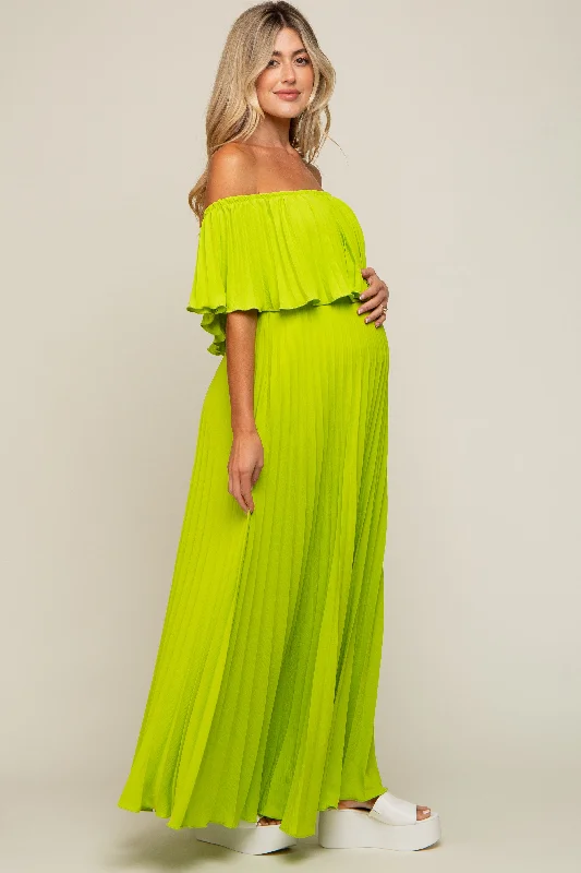 Lime Pleated Off Shoulder Maternity Maxi Dress