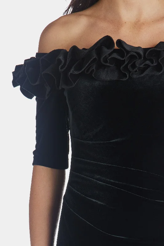 Long 3/4 Sleeve Ruffle Top Velvet Dress